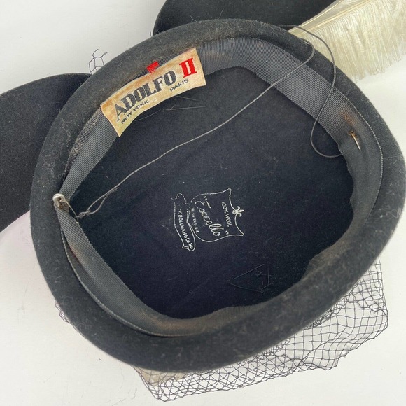 Vintage Adolfo II New York Paris Black Felt Hat with Veil and Feathers and Bow main image 5